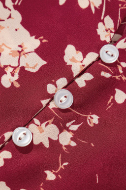 Red Floral Print Contrast Trim Button Tie Neck Swing Dress