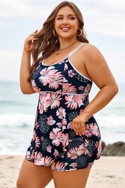 Black Plus Size Ribbed Contrast Trim Adjustable Straps 2pcs Swimsuit