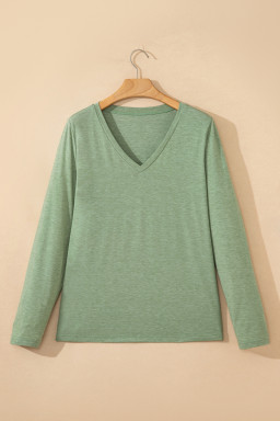 Grass Green Solid Color V Neck Long Sleeve Stretchy Top