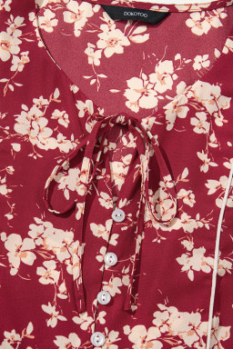 Red Floral Print Contrast Trim Button Tie Neck Swing Dress