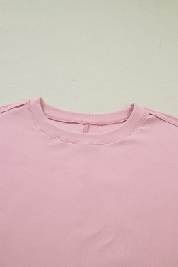 Light Pink Solid Color Bow Textured Patchwork Long Sleeve Tee
