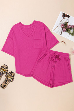 Rose Red Solid Color Waffled V Neck Loose Tee Drawstring Shorts Set