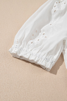 White Eyelet Embroidered Detail Short Puff Sleeve Shirt