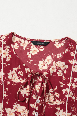 Red Floral Print Contrast Trim Button Tie Neck Swing Dress