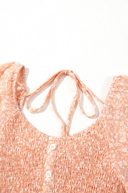 Pink Floral Print Button Smocked Bodice Long Dress