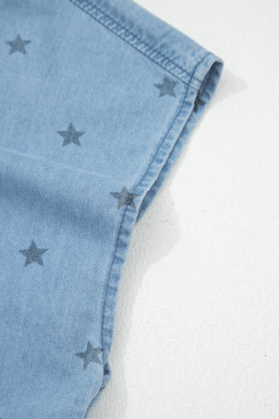 Beau Blue Star Allover Print Double Chest Pocket Short Sleeve Denim Shirt