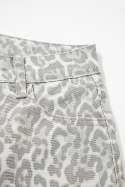 Gray Leopard Frayed Edge Wide Leg High Waist Jeans