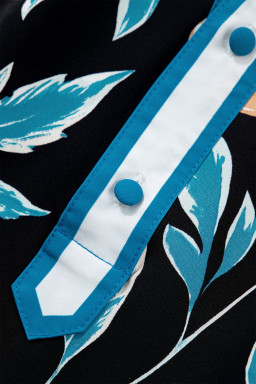 Black Floral Short Bubble Sleeve Buttoned Notched Neck Blouse