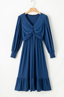 Sail Blue Solid Color Front Twist Puff Sleeve Ruffled Dress