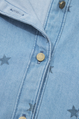Beau Blue Star Allover Print Double Chest Pocket Short Sleeve Denim Shirt