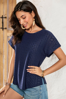 Navy Blue Solid Color Eyelet Jacquard Cuffed Short Sleeve Top