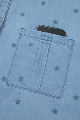Beau Blue Star Allover Print Double Chest Pocket Short Sleeve Denim Shirt