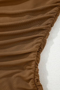 Coffee Sheer Mesh Patchwork High Neck Long Sleeve Top