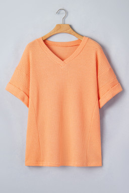 Grapefruit Orange Waffle V Neck Short Sleeve Knit Top