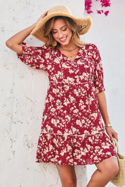 Red Floral Print Contrast Trim Button Tie Neck Swing Dress