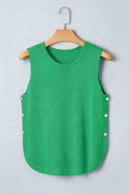 Bright Green Side Button Round Neck Knit Sleeveless Sweater
