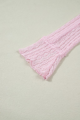 Light Pink Flounced Long Sleeve Mock Neck Sheer Lace Top