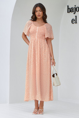 Pink Floral Print Button Smocked Bodice Long Dress