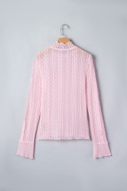 Light Pink Flounced Long Sleeve Mock Neck Sheer Lace Top