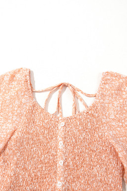 Pink Floral Print Button Smocked Bodice Long Dress