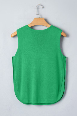 Bright Green Side Button Round Neck Knit Sleeveless Sweater