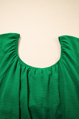 Dark Green Solid Color Ruched Crossed Waist Tied Back Short Sleeve Peplum Top
