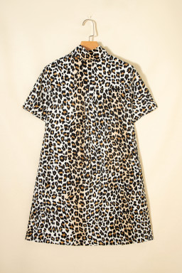 Multicolour Half Buttons Short Sleeve Loose Leopard Mini Dress with Pockets