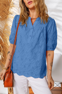 Sky Blue Lace Crochet V Neck Half Sleeve Embroidery Button Down Blouses Casual Shirts