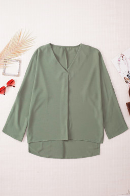 Green V Neck 3/4 Sleeve High Low Hem Shirt