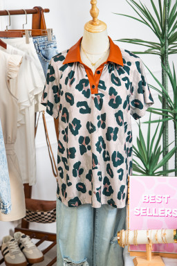 Casual Unique Leopard Print Button Contrast Collared Short Sleeve Blouse