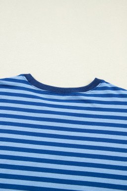 Blue Stripe Drop Shoulder Long Sleeve Pullover Elastic Waist Casual Short Set