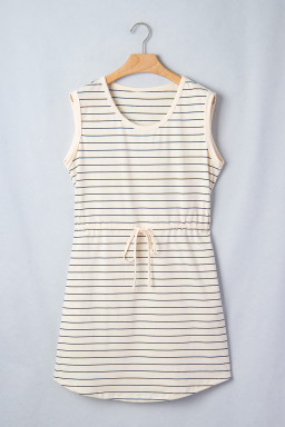 Beige Stripe Drawstring Tunic Tank Mini Dress with Pockets
