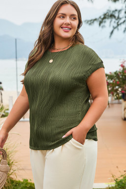 Jungle Green Solid Color Wavy Textured Plus Size Tee