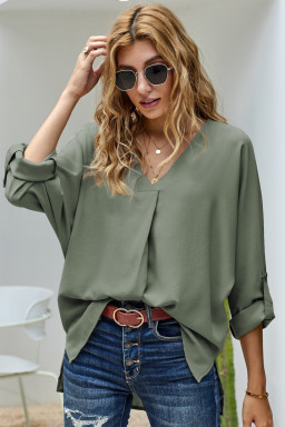 Green V Neck 3/4 Sleeve High Low Hem Shirt