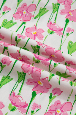 Pink Floral Print Contrast Trim V Neck Short Sleeve Elegant Midi Dress