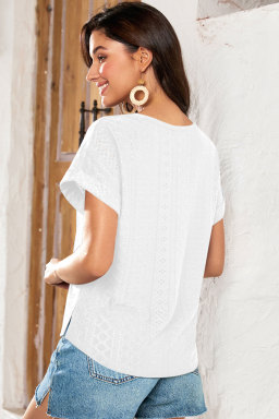 White Solid Color Eyelet Jacquard Cuffed Short Sleeve Top