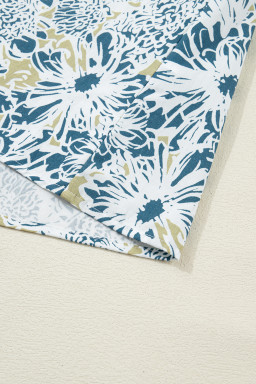 Blue Floral Print Striped Webbing Patchwork Collar Short Sleeve Mini Dress