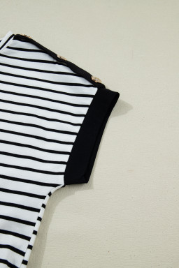 Black Stripe Cuffed Sleeve Button Detail Loose Tee