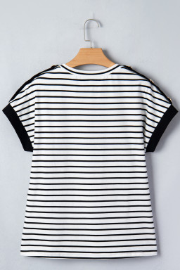 Black Stripe Cuffed Sleeve Button Detail Loose Tee