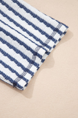 Blue Stripe Textured Knit Split Hem Half Sleeve Loose Top