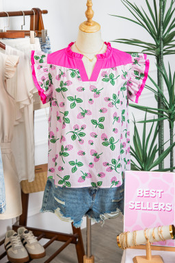 Pink Striped Strawberry Printed Color Block Patchwork V Neck Flutter Sleeve Blouse