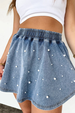 Ashleigh Blue Denim Pearl Embellished Elastic Waist Mini Skort