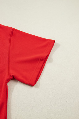 Fiery Red Plus Size Solid Color Notched Neck Seam Detail Patchwork Short Sleeve Top