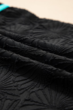 Black Floral Textured Neon Trim V Neck Crisscross Backless Tankini Set