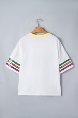 White Sequin Fleur de Lis Mardi Gras Varsity T Shirt