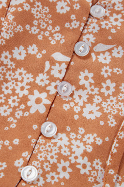 Yellow Floral Print Contrast Trim Button Tie Neck Swing Dress