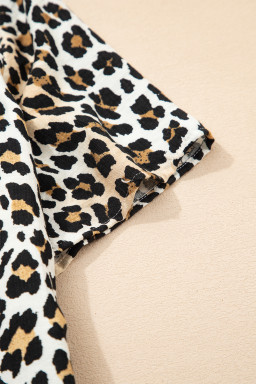 Multicolour Half Buttons Short Sleeve Loose Leopard Mini Dress with Pockets