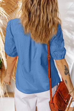 Sky Blue Lace Crochet V Neck Half Sleeve Embroidery Button Down Blouses Casual Shirts