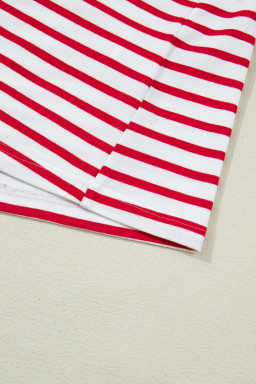 Red Stripe Plus Size Scalloped Trim Round Neck Short Sleeve Top