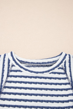 Blue Stripe Textured Knit Split Hem Half Sleeve Loose Top